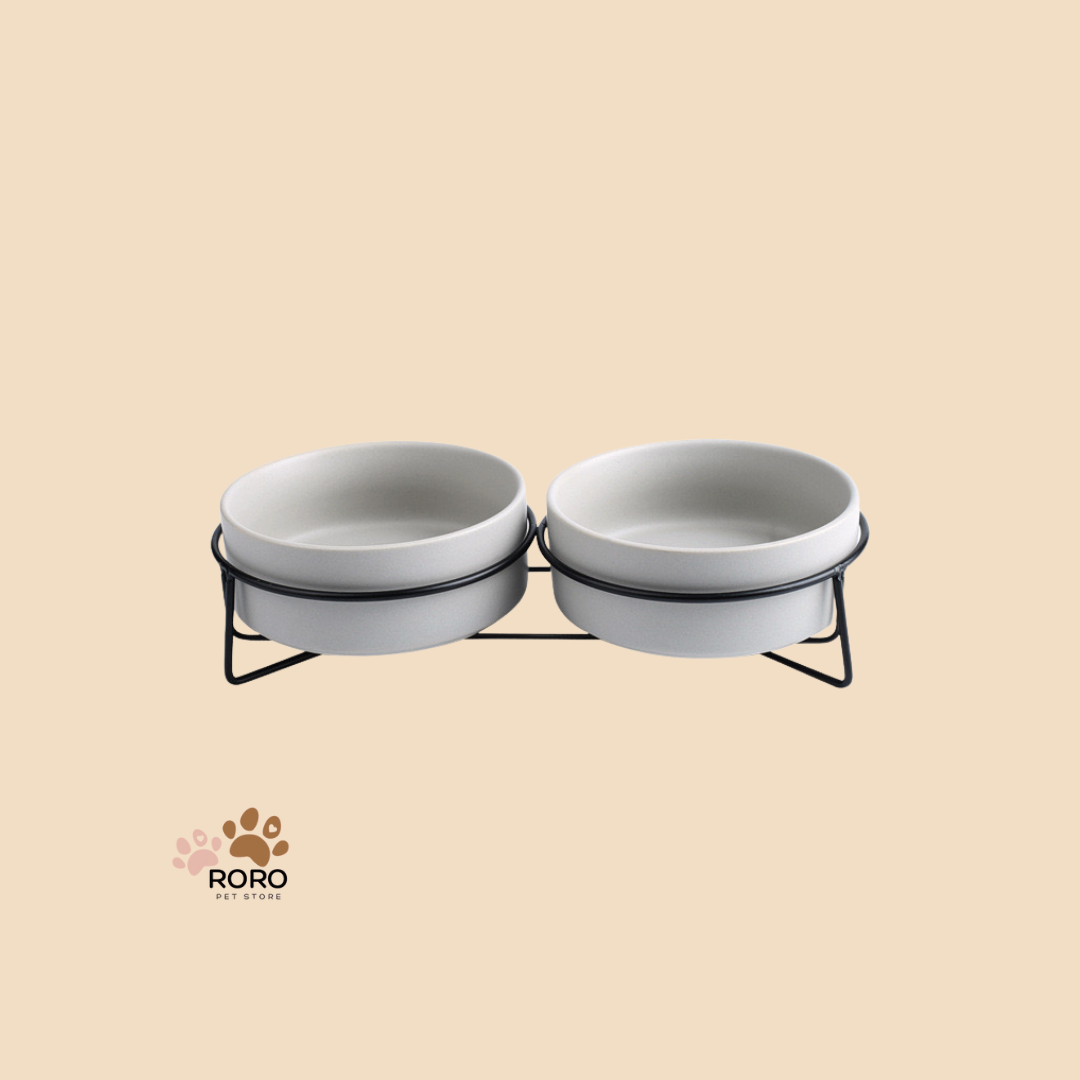 Ceramic Double Pet Bowls with Metal Rack - Matte Green, Matte Gray, Galaxy Design (13.5oz and 28oz)