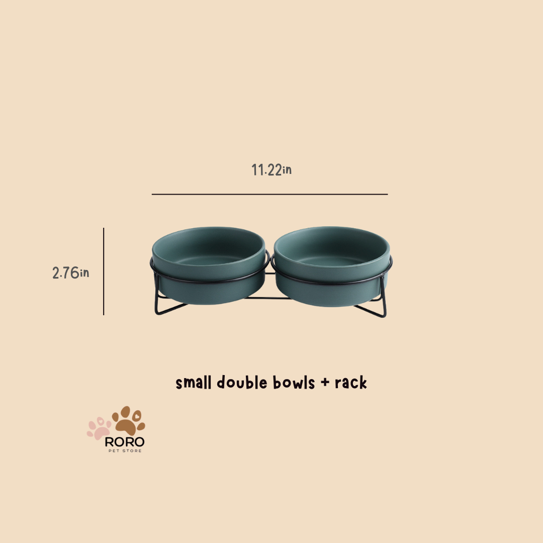 Ceramic Double Pet Bowls with Metal Rack - Matte Green, Matte Gray, Galaxy Design (13.5oz and 28oz)