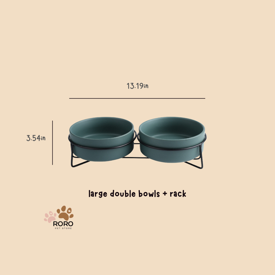 Ceramic Double Pet Bowls with Metal Rack - Matte Green, Matte Gray, Galaxy Design (13.5oz and 28oz)