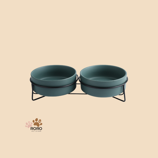 Ceramic Double Pet Bowls with Metal Rack - Matte Green, Matte Gray, Galaxy Design (13.5oz and 28oz)