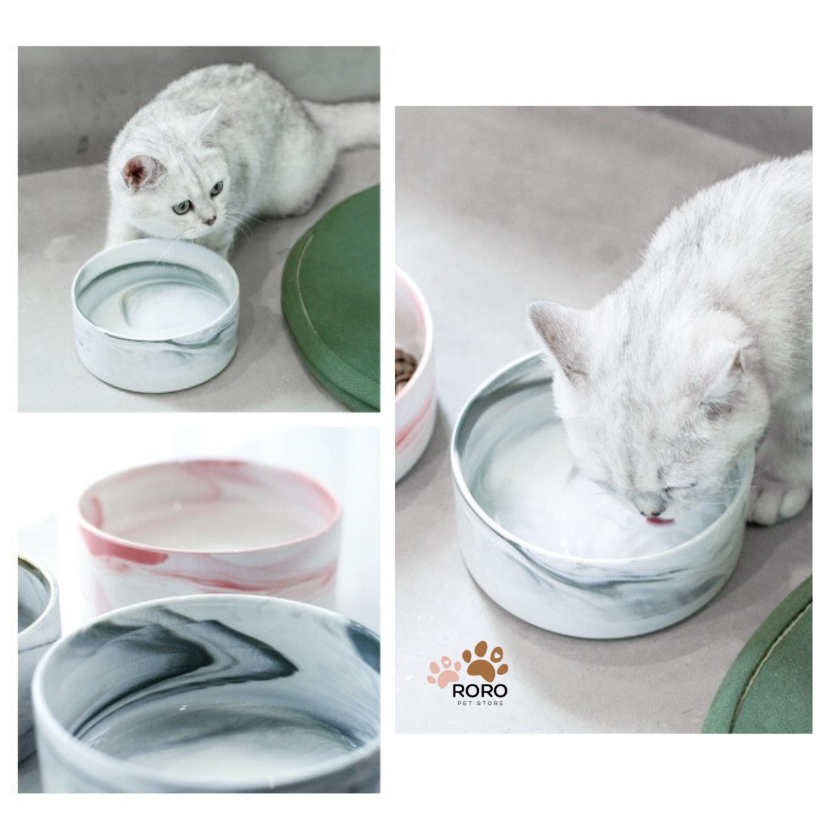 Marble Design Ceramic Pet Bowl, Single and Double - Pink Marble, White Marble (13.5oz or 28oz)