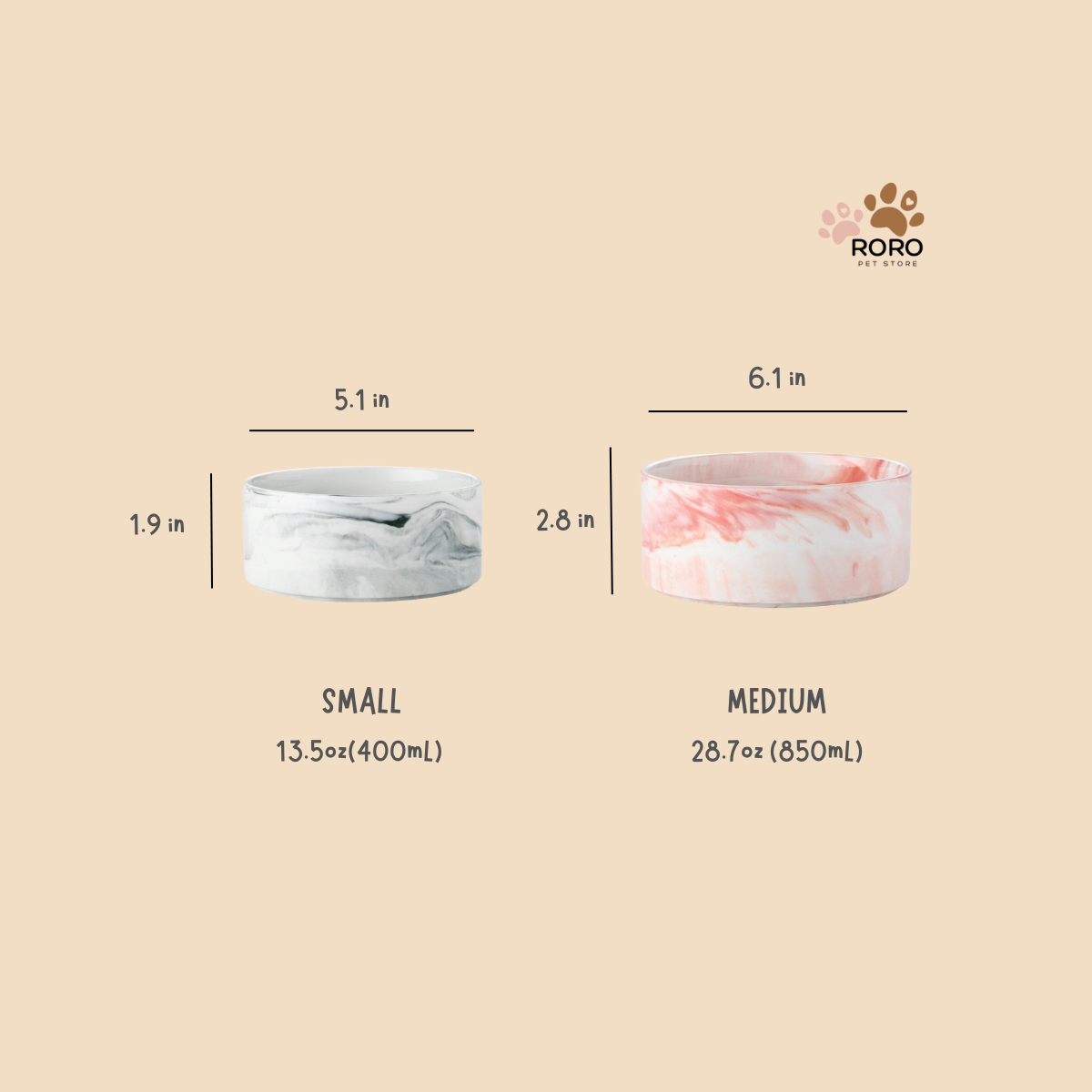 Marble Design Ceramic Pet Bowl, Single and Double - Pink Marble, White Marble (13.5oz or 28oz)